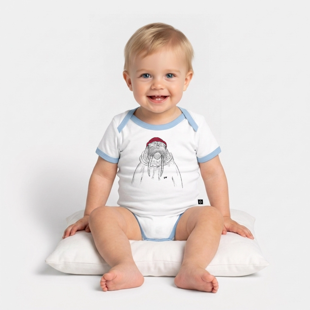 Kurt Hansen Walross - Baby Bio-Kurzarm-Kontrastbody - Weiß/Hellblau