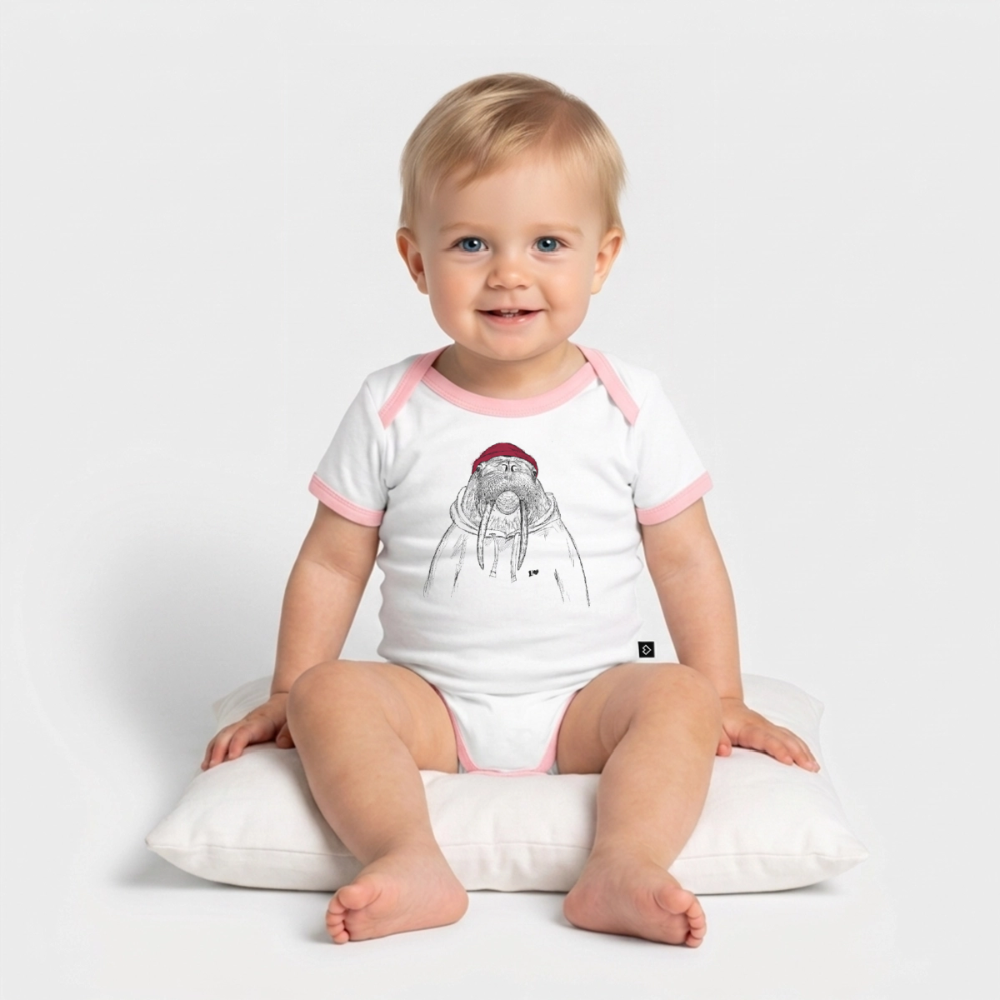 Kurt Hansen Walross - Baby Bio-Kurzarm-Kontrastbody - Weiß/Rose